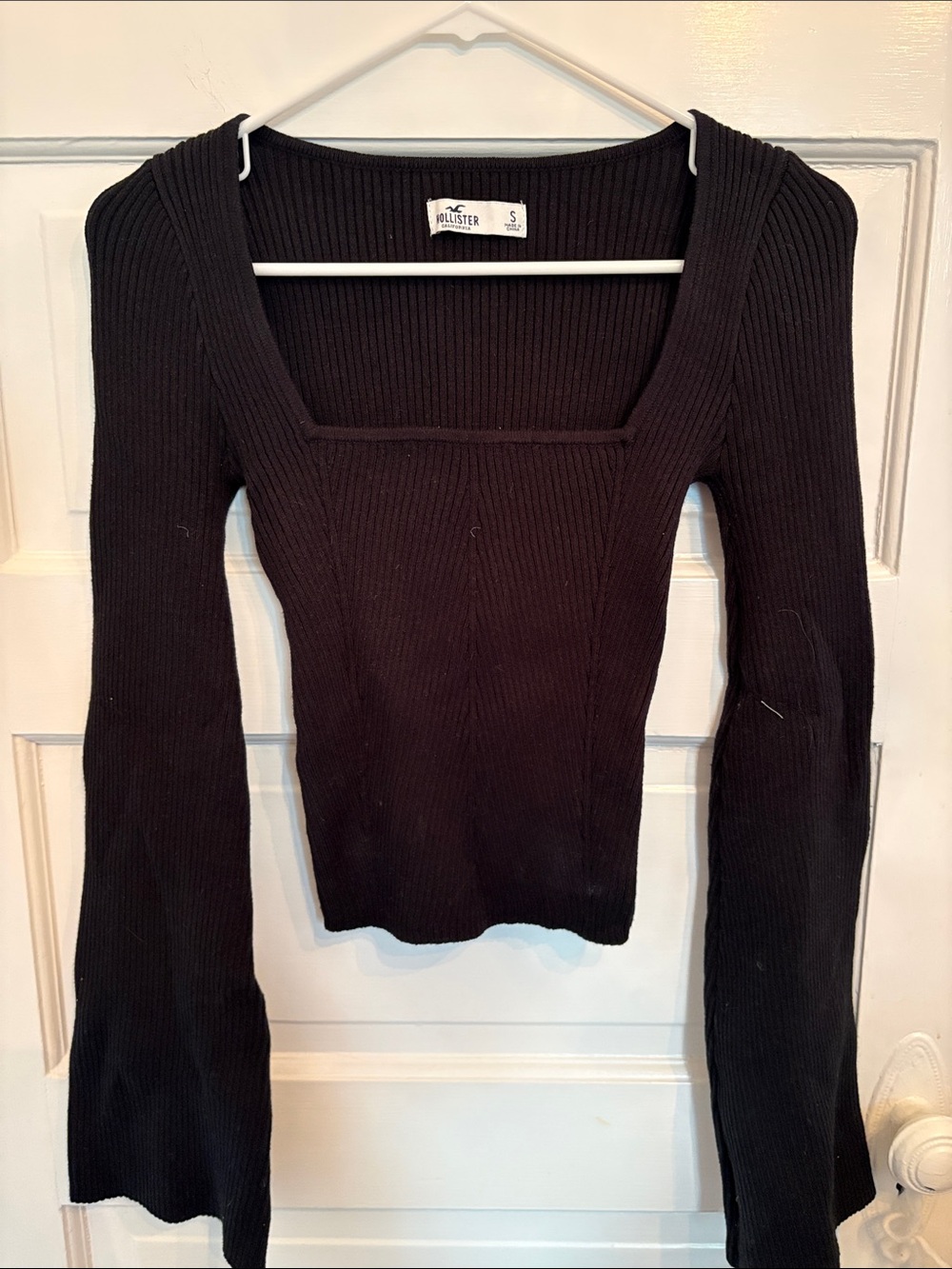 Hollister Black Ribbed Square-Neck Long Sleeve Top